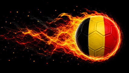 Naklejka premium A soccer ball featuring the colors of the Belgian flag, engulfed in dynamic, glowing fire flames against a dark black background, representing sports passion.