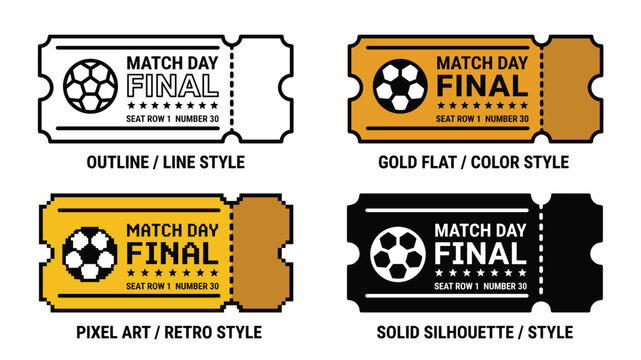 Soccer Match Day Final Ticket Icon Set Vector Outline Pixel Art Silhouette Four Style Football Event Entry Pass Graphic Design Template
