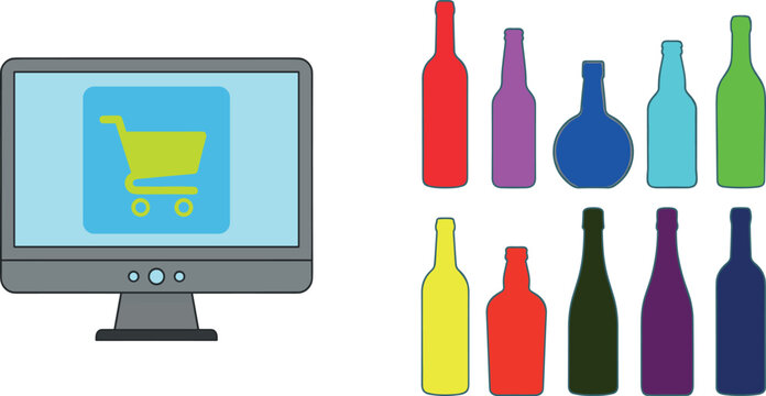 Online alcohol store icon set with computer screen showing shopping cart and various colorful wine beer liquor bottles isolated on white background vector illustration