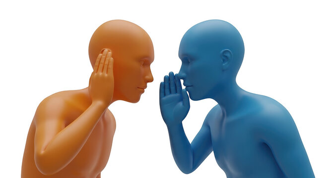 3d illustration of a blue person whispering a secret into the ear of an orange person isolated on transparent background