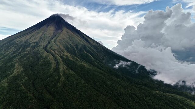 Push in aerial shot of the majestic Mayon Volcano in Albay, Philippines