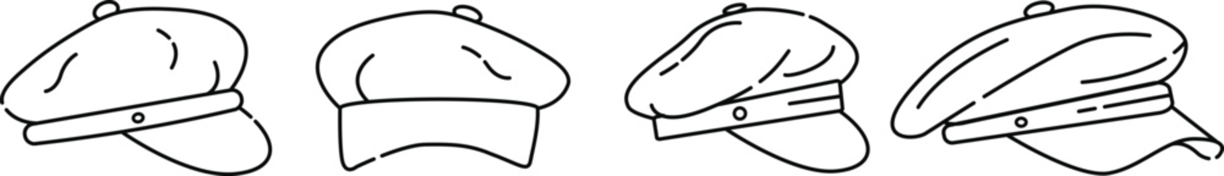 Fiddler Cap Icons Set Vector Illustration, Newsboy Cap Fashion Headwear and Vintage Style Accessory Line Art Design
