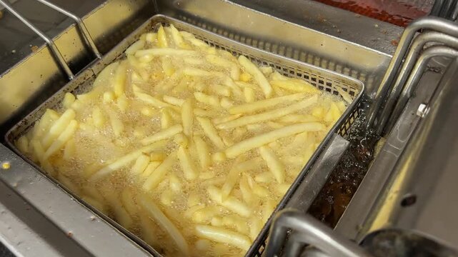 Deep fryer in fast food cafe with golden french fries, hot bubbling oil, crispy snack ready to serve deliciously hot.