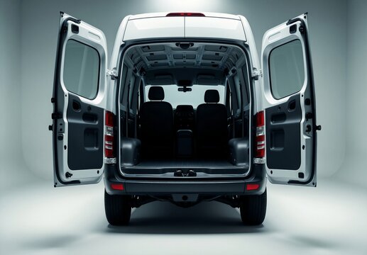 White commercial van with rear doors open, revealing empty cargo space and interior seating, photographed in a clean studio environment.