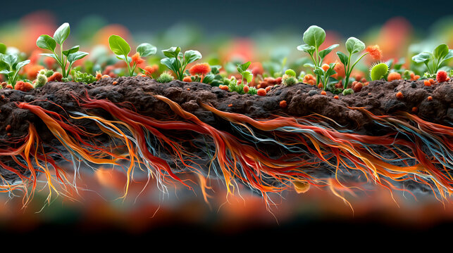 Plant root system growing in fertile soil, detailed underground network with healthy seedlings, ecological growth concept, nutrient absorption and sustainable agriculture visualization