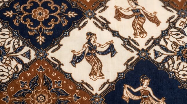 A cinematic widescreen close up view of an intricate traditional Batik Serimpi textile pattern showing beautiful hand drawn dancer figures on a textured fabric surface with deep blue and brown hues.