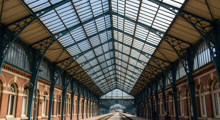 Fototapeta premium Historic Train Station with Grand Glass Roof Architecture
