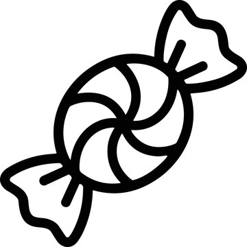 Wrapped hard candy icon, twist tie confection, simple swirl design, isolated black and white line art.