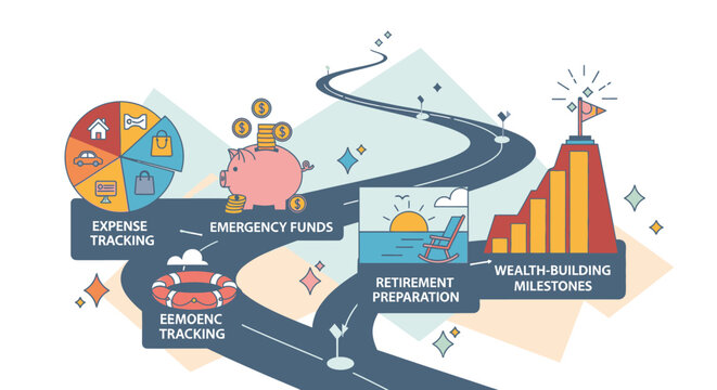 A colorful infographic illustrates financial planning with icons on a winding road to wealth, including expense tracking, emergency funds, and retirement preparation.