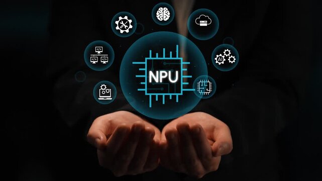 Hands Holding a Digital Sphere Displaying NPU Technology with Icons Representing AI, Machine Learning and Data Processing Concepts. Entropy.
