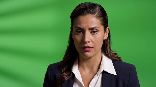 Serious Businesswoman Standing in Front of Green Screen Background Displaying Concerned Expression for Corporate Training and Video Production