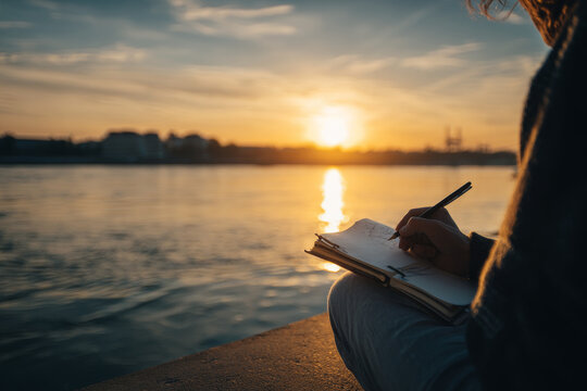 A person sits by a tranquil river at sunset, writing thoughtfully in a notebook as the golden sunlight reflects on the water. The peaceful atmosphere inspires creativity and reflection