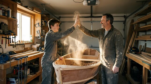 Two men in a workshop high-five while covered in sawdust around a boat