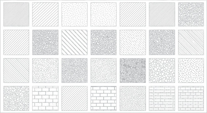 Detailed architectural cad patterns featuring varied ground textures and stone masonry styles for professional landscape site planning and engineering construction documents