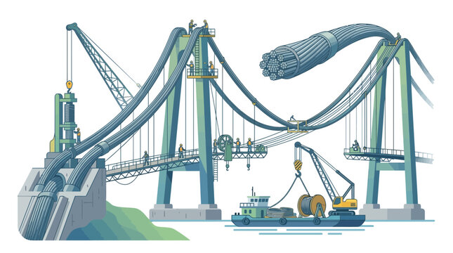 Suspension bridge construction: workers, cranes, cables, and barge on white background