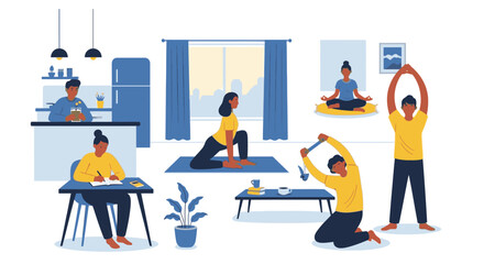 Fototapeta premium People are exercising and working in a modern home office space with yoga and stretching.