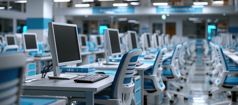 Technical assessment room with blank monitors and empty chairs in cool gray and blue tones