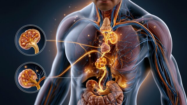 Medical illustration of a male figure highlighting the pituitary&ndash;testes hormonal axis, with glowing pathways showing testosterone, FSH, and LH signaling.
