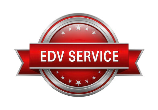 Red and white edv service badge with ribbon isolated on transparent background