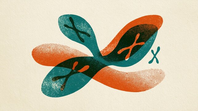 Stylized risograph print illustration, overlapping two-color ink layers in teal and burnt orange depicting simplified male anatomical figure with chromosome diagram elements