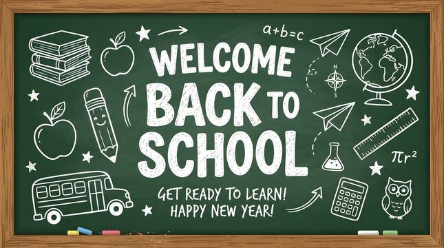 Welcome back to school illustration with educational icons on green board