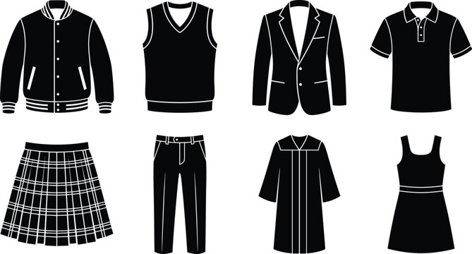 Set of school uniform and academic apparel silhouette icons isolated on white background for students fashion and education clothing