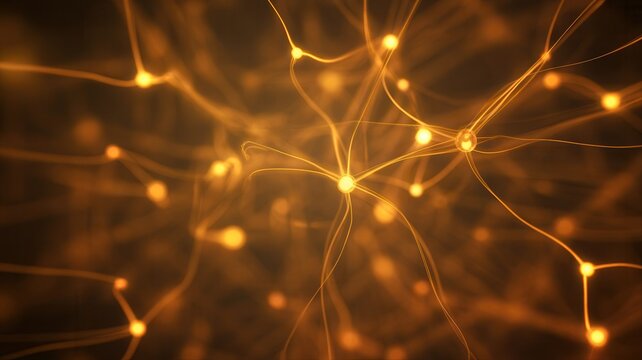 Abstract representation of a neural network with glowing orange connections and nodes on a dark background.