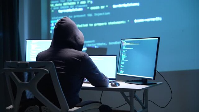 Cybersecurity Threat: Hacker Analyzing Code on Multiple Monitors