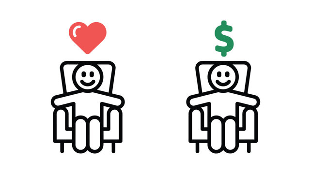 Two cartoon robots one holding a red heart symbol the other holding a green dollar sign symbol