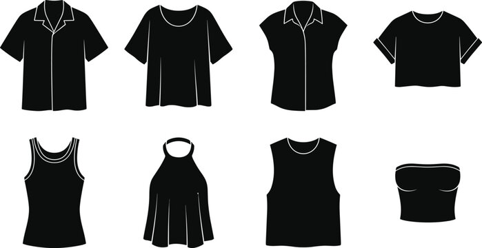 Women&rsquo;s Top and Blouse Silhouette Collection Featuring T Shirt Tank Top Halter and Strapless Fashion Designs