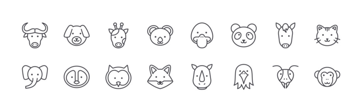 Modern set of 16 thin outline Animal Cute Face icons. Vector signs such as bull face, elephant face, dog face, penguin giraffe isolated on white