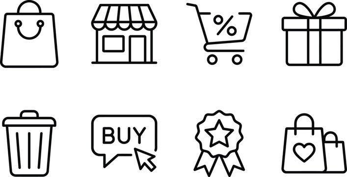 Retail shopping and customer loyalty program line icon collection