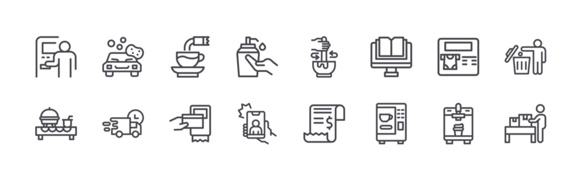 Modern set of 16 thin outline Self Service icons. Vector signs such as withdraw money, buffet, car wash, fast delivery, instant coffee isolated on white