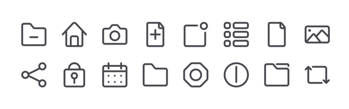 Modern set of 16 thin outline Computer Interface icons. Vector signs such as delete folder, share, home button, lock and key, camera isolated on white
