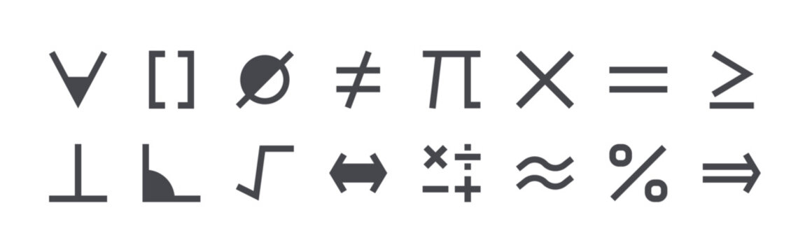 Modern set of 16 thin outline Math Symbol icons. Vector signs such as for all, perpendicular, square brackets, right angle, empty set isolated on white