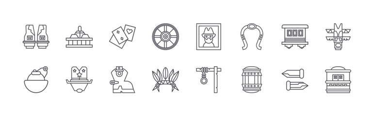 Modern set of 16 thin outline Wild West Town icons. Vector signs such as vest, flask, gold, hat cowboy, Card game isolated on white © Benjamin
