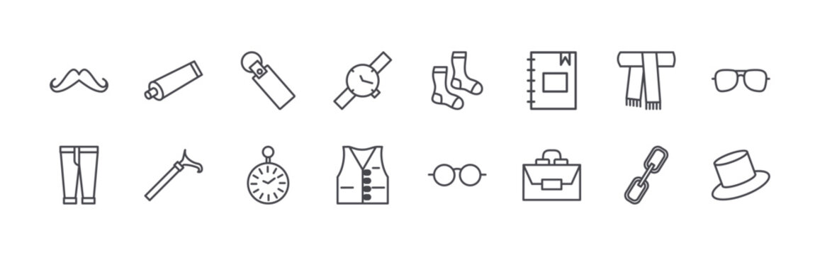 Modern set of 16 thin outline Men Accessaries icons. Vector signs such as moustache, pants, shaving cream, walking stick, keychain isolated on white
