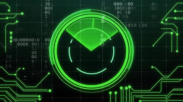 Green radar HUD screen with circuit board patterns, digital cyber security technology icon vector background