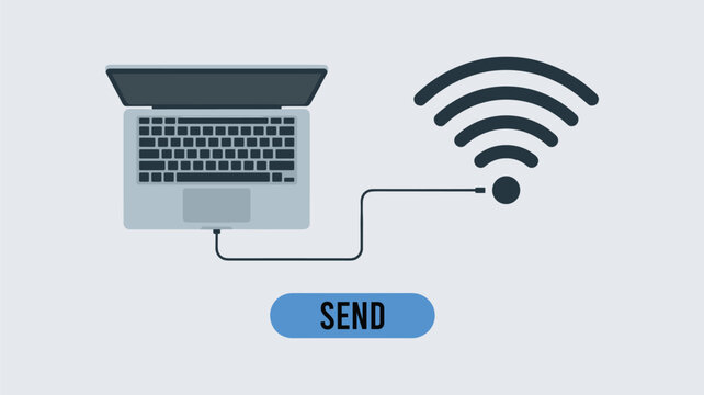 Flat of a laptop sending a wi fi signal to a smartphone with a send button below computer wifi