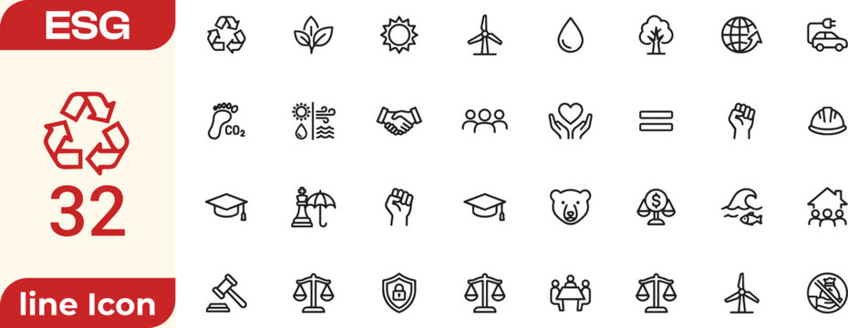 ESG icon set. Environmental, Social, and Governance icon collection. Editable line icons. Vector illustration.