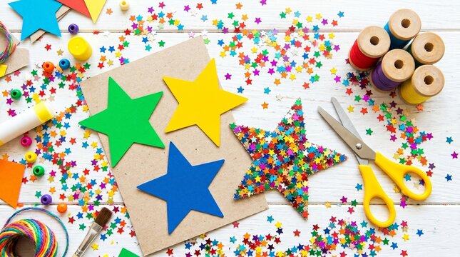 Crafting stars with colorful confetti and supplies on a wooden table