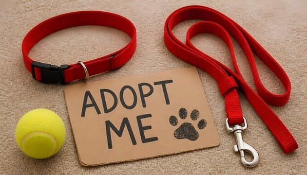 Pet adoption concept with red dog collar, leash, tennis ball and adopt me sign on carpet, animal rescue and shelter theme