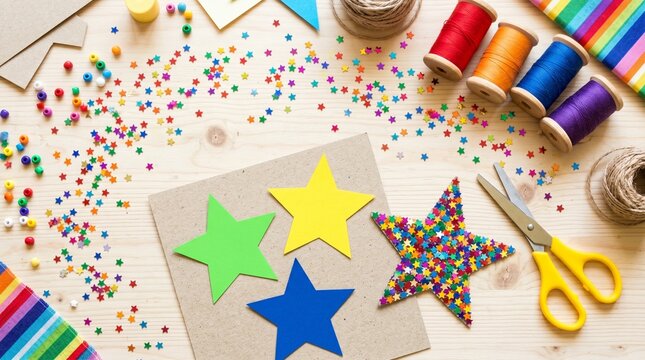 Crafting supplies with colorful paper stars and confetti on a wooden table