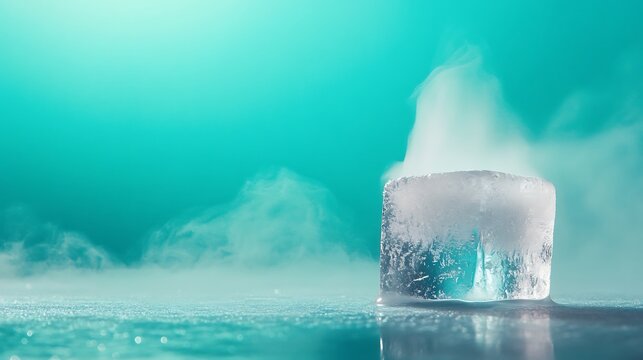 Close-up of a single ice cube with vapor rising against a teal background