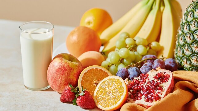 Assortiment de fruits frais et verre de lait sur table claire
