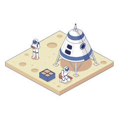 Isometric illustration of astronauts exploring a lunar surface with a lander and equipment. © borneo
