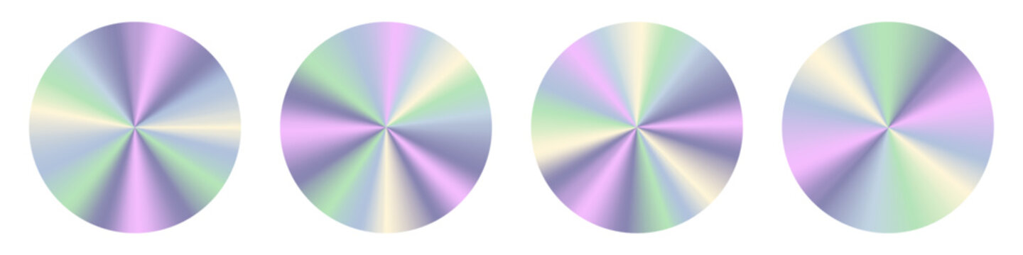 A set of neon holographic stickers. Pearlescent, shiny, round emblems with a rainbow shimmer. Blank templates with radial gradients. Vector glossy labels