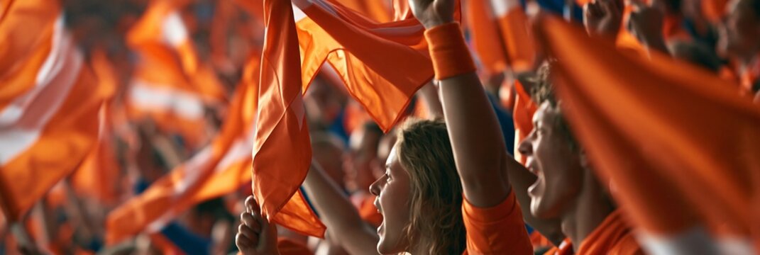 Closeup of jubilant Netherlands fans in orange waving flags and celebrating goals during a highstakes soccer qualifier in a packed themed stadium.