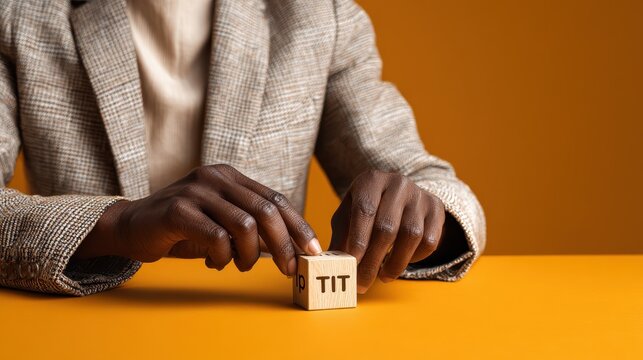 Professional businessman rotates a wooden cube to switch 'tips' to 'tricks' against a warm orange background with copy space