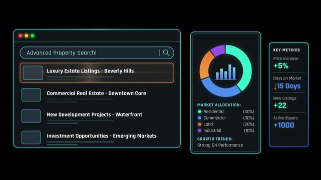 Motion graphics of a futuristic real estate HUD interface showcasing market metrics on a deep black background